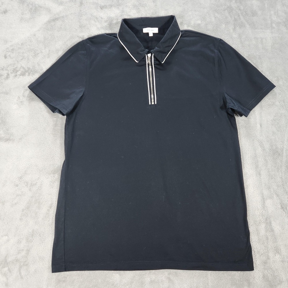Reiss‎ Polo Shirt Mens Medium Black Short Sleeve Half Zip Contrast Piping Cotton